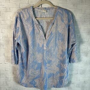 Poetry womens linen henley top Dolman sleeve floral print blue & cream coastal
